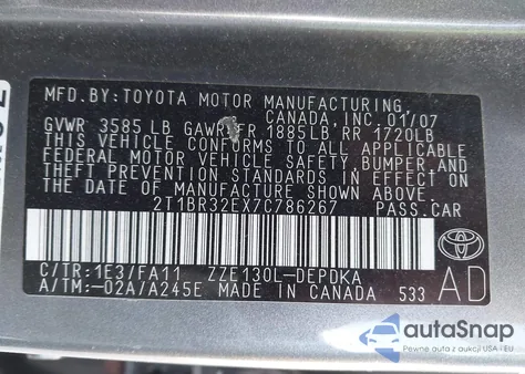 2007 Toyota Corolla Ce from USA, damaged, VIN 2T1BR32EX7C786267